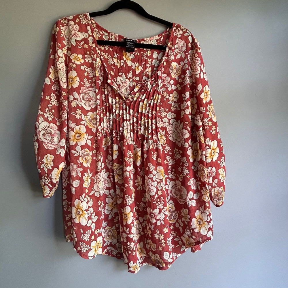 Torrid Women Red Floral Pintuck Georgette Blouse 3/4 Sleeve Plus Size 0 L XL
